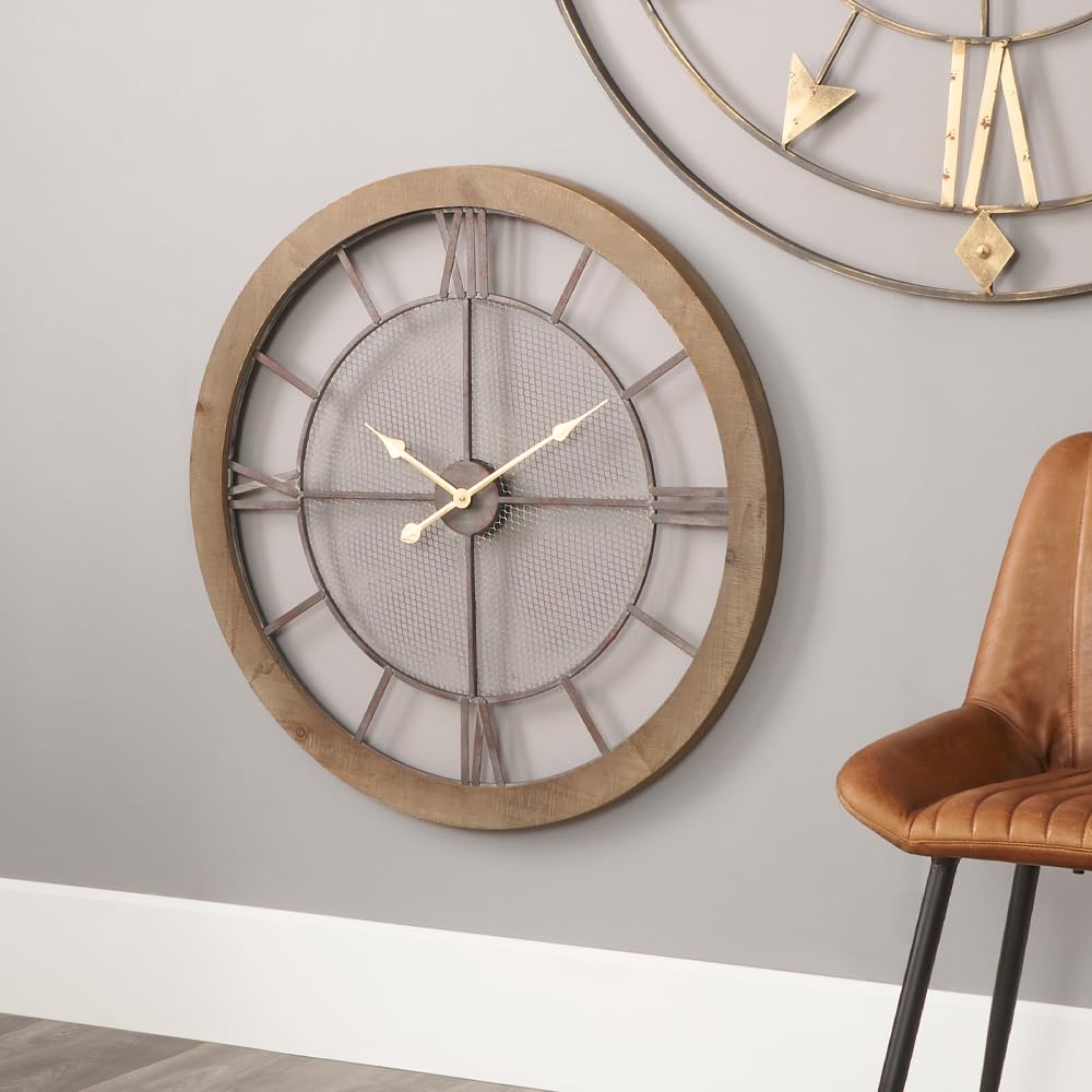 Pacific Lifestyle Grey Metal And Wood Large Industrial Skeleton Wall Clock | Contemporary Metal And Wood Oversized Wall Clocks For Living Room Clock | Extra Big Roman Numeral Kitchen Clocks (Grey Metal And Wood)