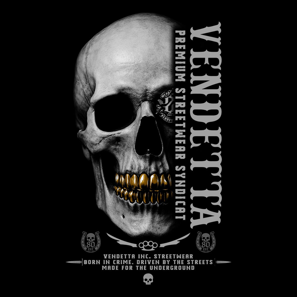 Vendetta Inc. Bluza z kapturem Golden Skull czarna VD-4096 – męska streetwear bluza z kapturem Skull-Print rozmiary M–5XL