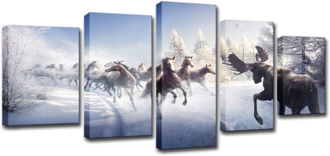 SGKHZ Wall Art, Painting Abstract Canvas Wall Art HD Printed Home Decor, 5 Pieces Running Horse and Elk in Snow Pictures Winter Deer Poster,CanvasFrame,L