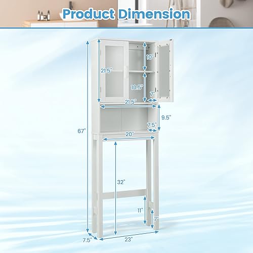 Miniatura 3 de Giantex Gabinete de almacenamiento sobre el inodoro, armario de baño independiente con 2 puertas de vidrio esmerilado, estante interior ajustable de