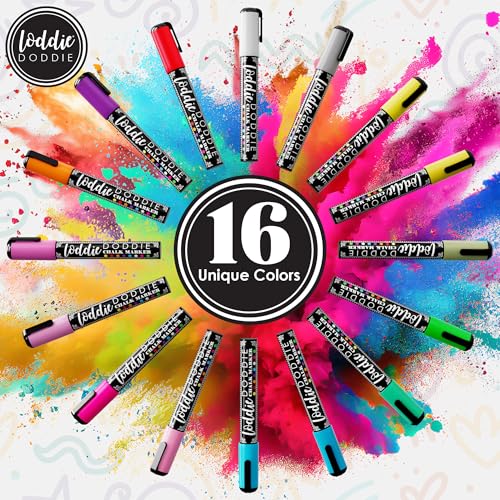 Image of Loddie Doddie Chalk Markers - Pack of 16, Reversible 6mm Tips - Vibrant Chalkboard Designs with Chalkboard Markers - Easy Erase on Glass & Whiteboards with Dry Erase Pen