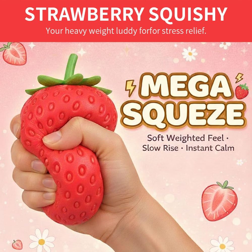 Giant Strawberry Squishy Squeeze Jumbo Stress Ball Slow Rising Realistic Fruit Squeeze Toy Cute Strawberry Model Simulation Fidget Toys for Stress Relief, Birthday Classroom Party Favors (Red)