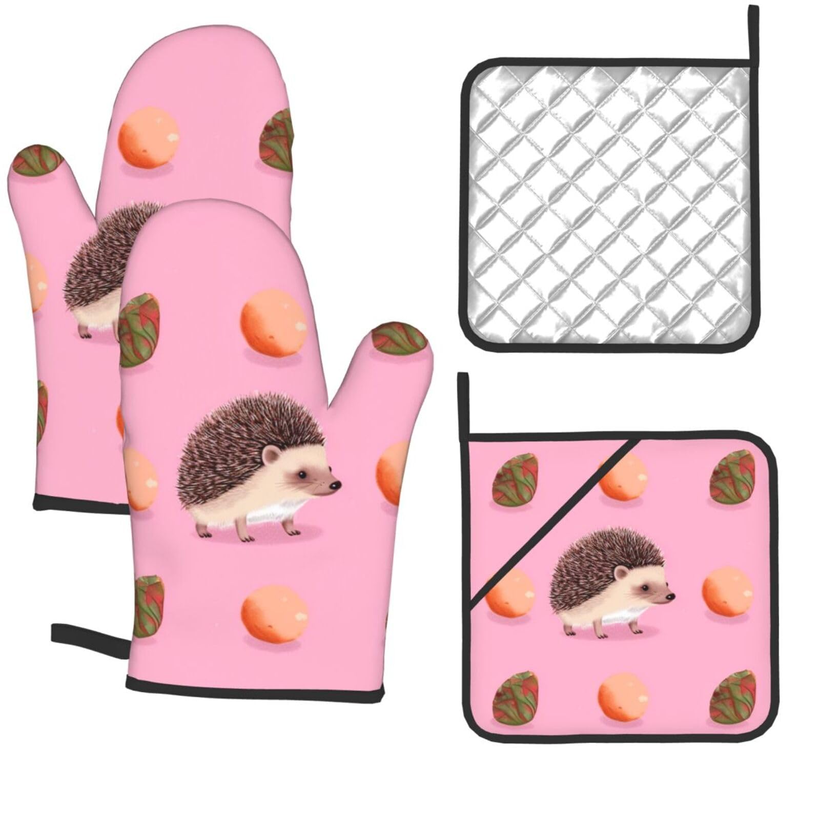 4 Pcs Oven Mitts and Pot Holders Set Kitchen Oven Gloves Heat Resistant Potholders Non-Slip Hot Pads Little Hedgehog Oven Mits for Cooking Baking Grilling