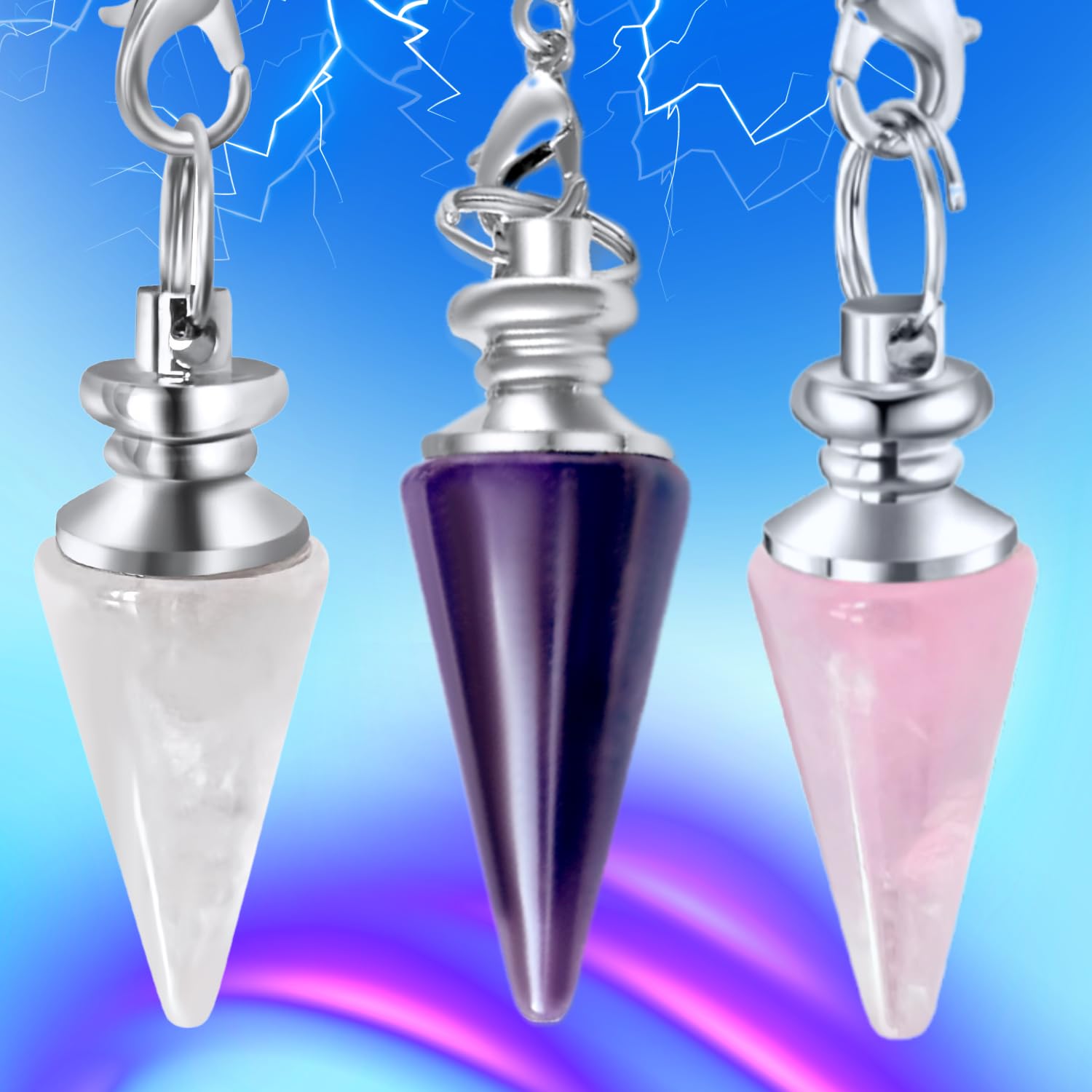 Pendule Divinatoire x3 en CRISTAL DE ROCHE, AMETHYSTE et QUARTZ ROSE en forme de CÔNE, Pendule de Radiesthesie en Pierre Naturelle – Pack de 3 Pendules [𝐆𝐀𝐑𝐀𝐍𝐓𝐈𝐄 𝐀 𝐕𝐈𝐄]