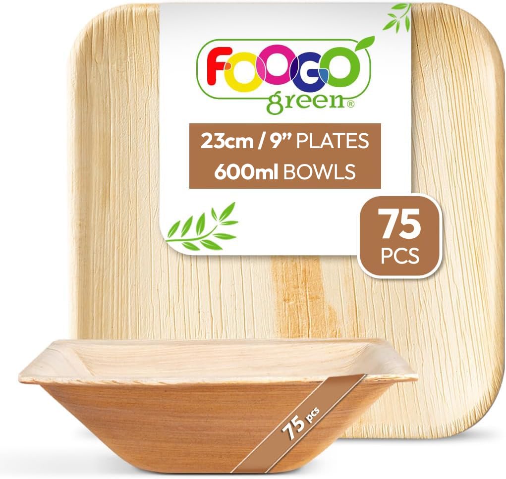 FOOGO Green 150pcs Disposable Palm Leaf Plates and Bowls, 75x Large Square Plates, 75x Bowls, Disposable Bamboo, Eco Friendly Biodegradable, Strong Paper Party Wedding, Picnic, Camping