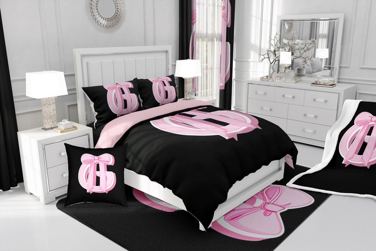jejeloiu Kids Girls Black Pink Bow Duvet Cover Toddler Size Monogrammed Bedding Set Ultra Soft Personalized Initial G Comforter Cover Modern Fashion Bedspread Cover Bowknot Bedclothes,No Comforter