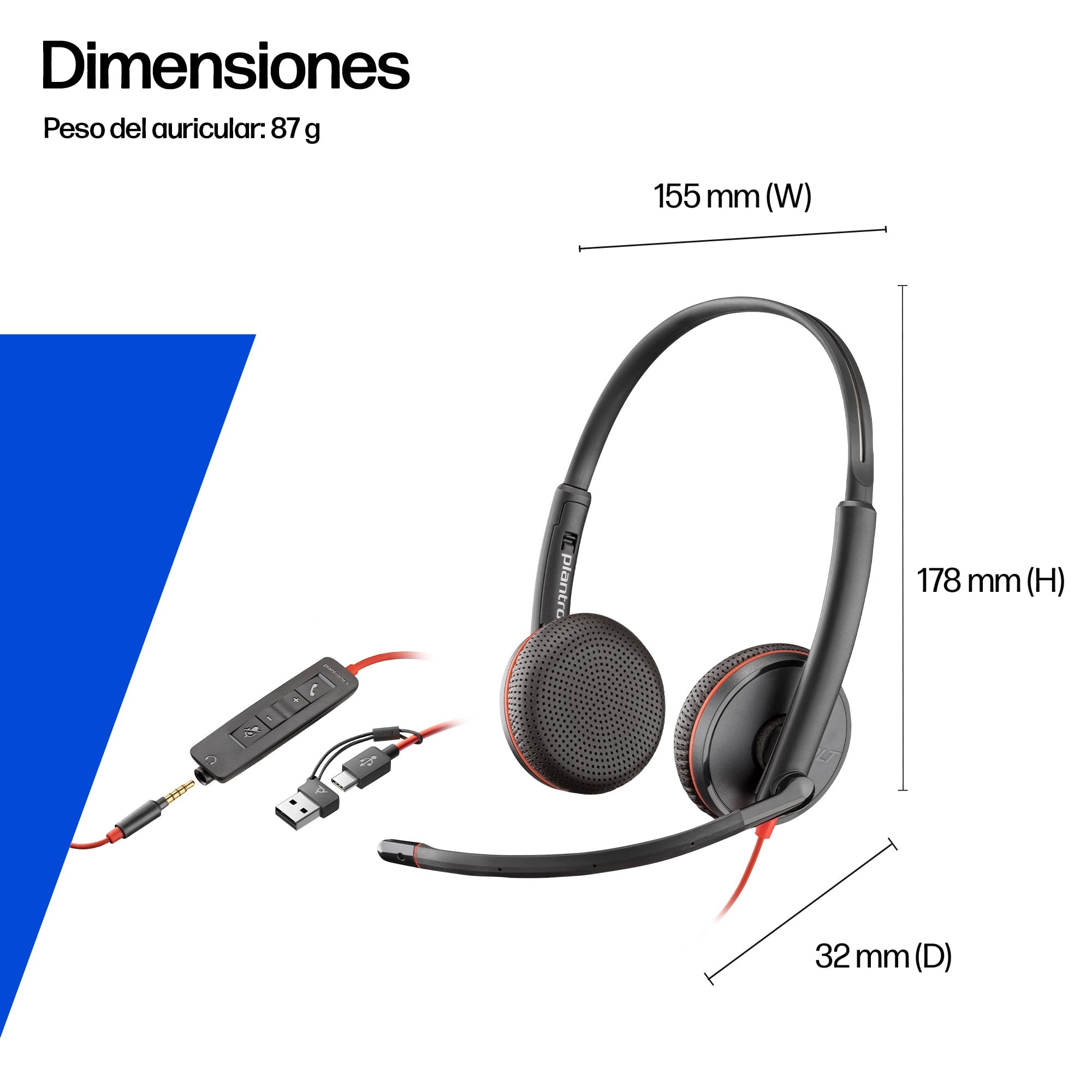 Auricular Poly Blackwire 3225 con cable - Micrófono con cancelación de ruido - Diseño estéreo - Conexión a PC/Mac/dispositivo móvil mediante USB-C, USB-A o conector de 3,5 mm - Funciona: Teams y Zoom