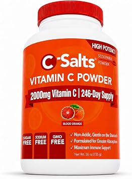 C-Salts Buffered Vitamin C Powder - Pure Organic, Stomach Friendly Ascorbic Acid Vit C Drink for Daily Immune Support & Collagen Production - Vegan Non GMO Sugar Free - 272 Servings Blood Orange, 26oz