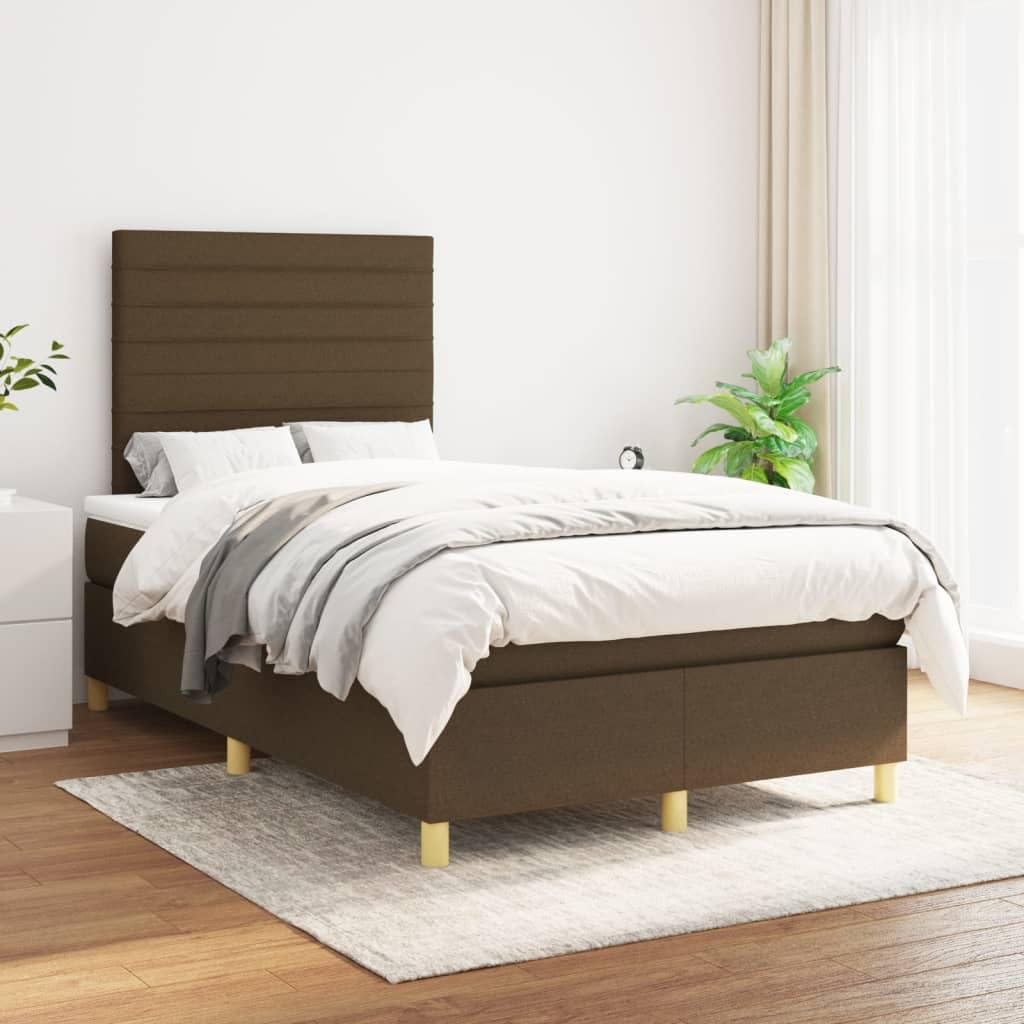 Cama con somier con colchón de muelles ensacados en 120 x 200 cm, tejido marrón oscuro y superficie de descanso de dureza media