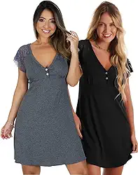Kit com 2 Camisolas em Viscose com Detalhes Renda Estilo Camiseta Noite Dormir Amamentação Maternidade