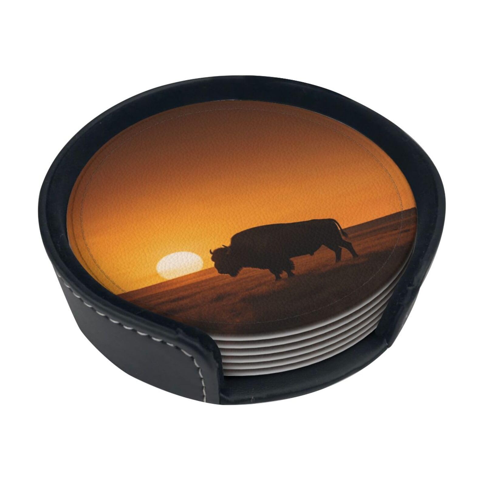 Cntdbu White Sunset Buffalo Silhouette Leather Coasters Set Of 6-Pu Leather Drink Mats For Table, Heat Resistant Round Coasters With Holder