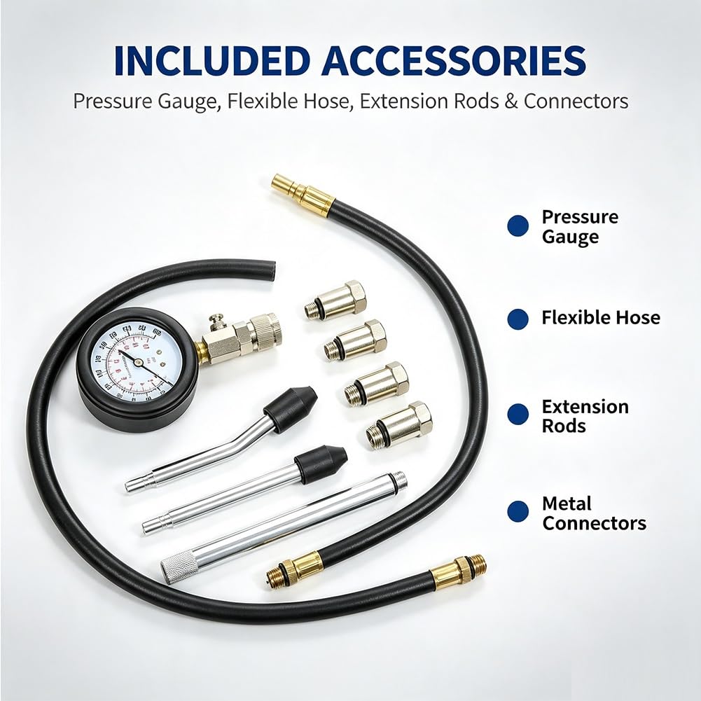 Tester di Compressione da 9 Pezzi, Motori Diesel Perdita di Pressione | Per Motori Diesel e Benzina con Adattatore per La Maggior Parte dei Motori di Auto, Camion, Agricoli e Marini