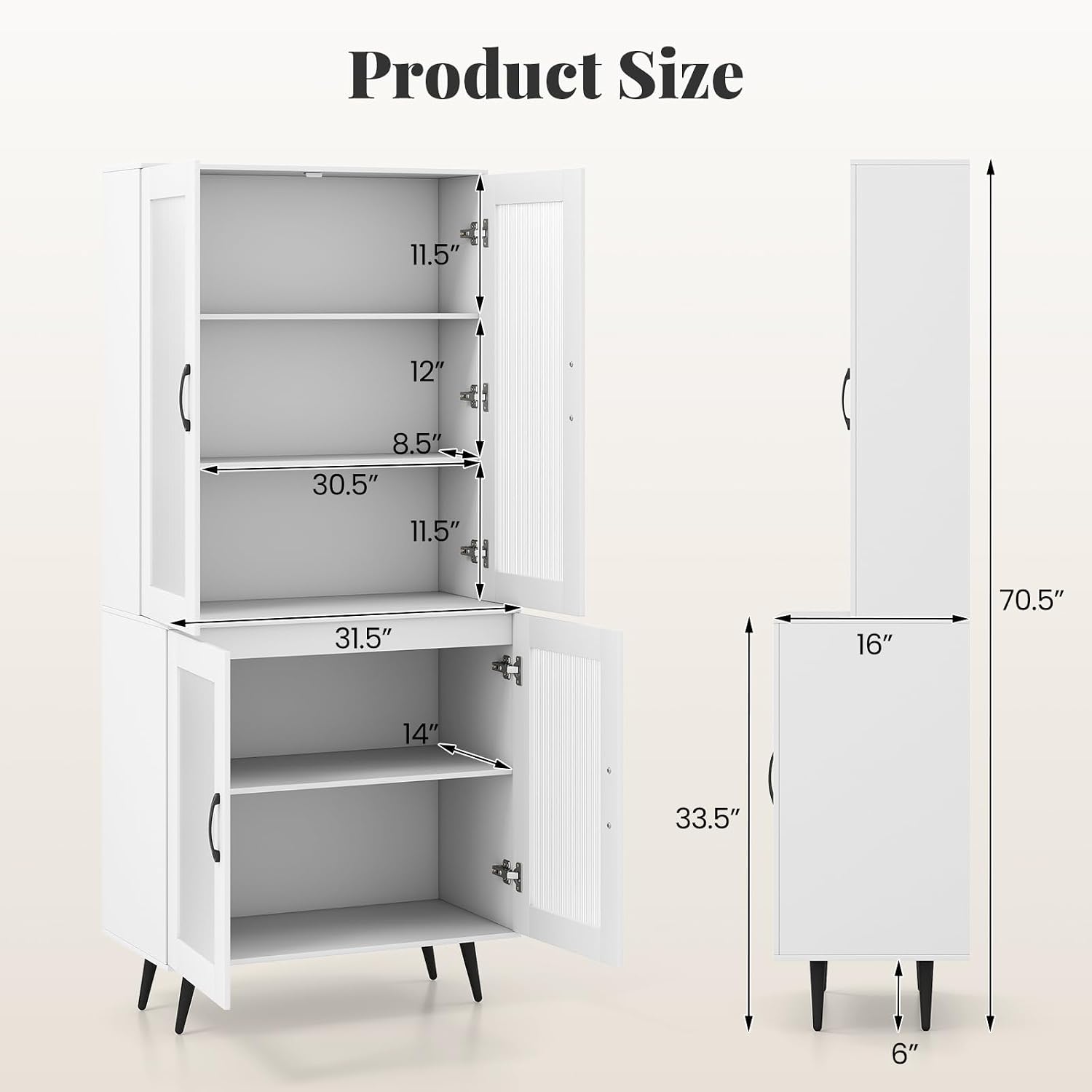 Giantex Kitchen Pantry Storage Cabinet, 70.5" Cupboard with 4 Transparent Doors, Adjustable Shelf & Metal Legs, Freestanding Tall Hutch Cabinet for Dining Room, Living Room, Office & Bathroom, White