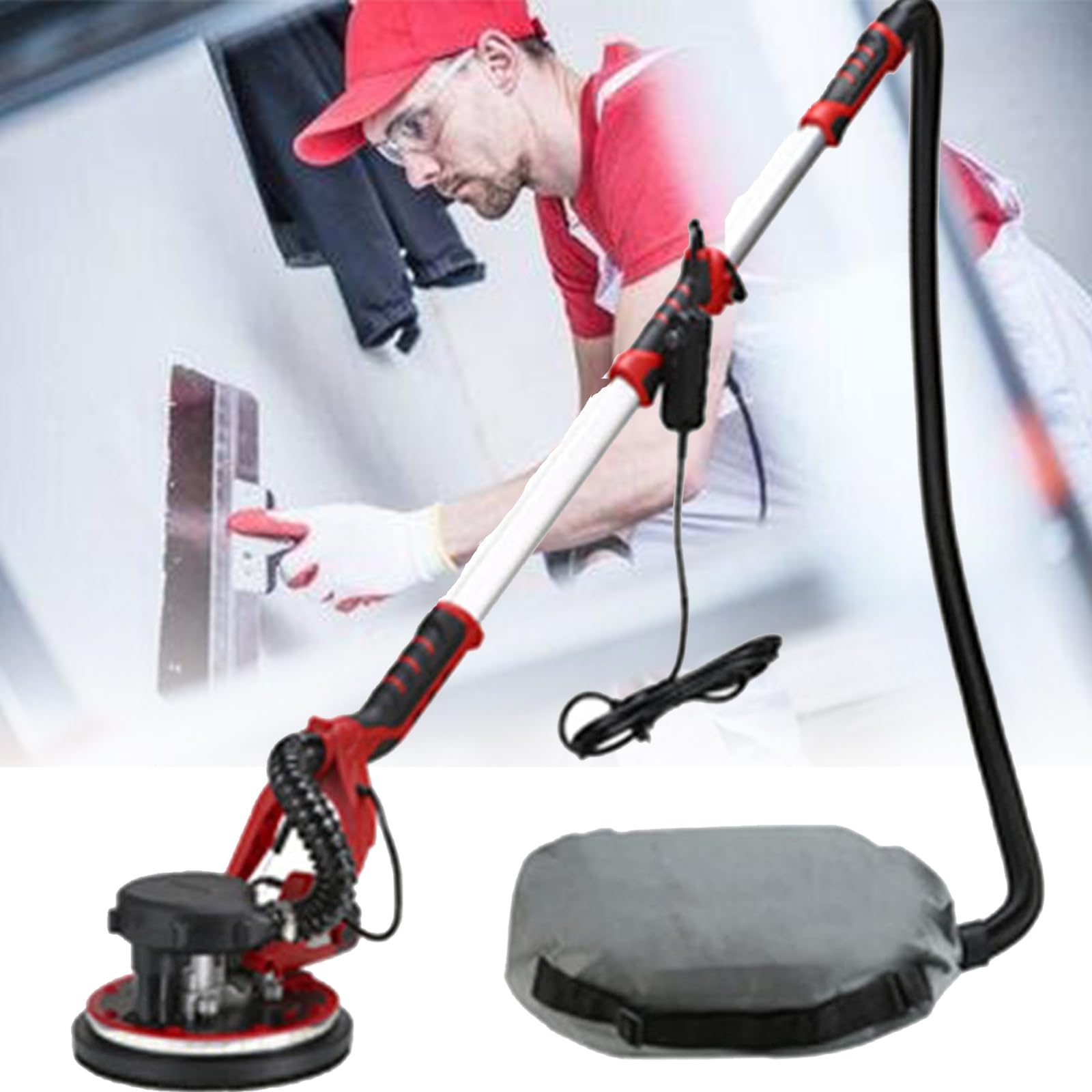 Lijadora para Paneles de Yeso, lijadora eléctrica de 1250 W con Accesorio de vacío, Lijado de Techo, lijadora de Pared 5 velocidades Variables, Mango Extensible, luz LED,Sander+50SandPad