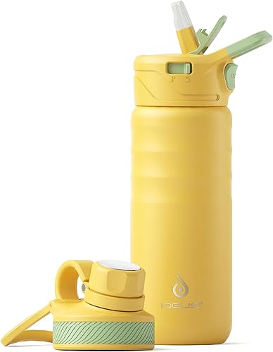 Miniatura 63 de IDEUS Botella de agua aislada de acero inoxidable con 2 tapas a prueba de fugas, termo para senderismo y ciclismo, 24 onzas, amarillo brillante