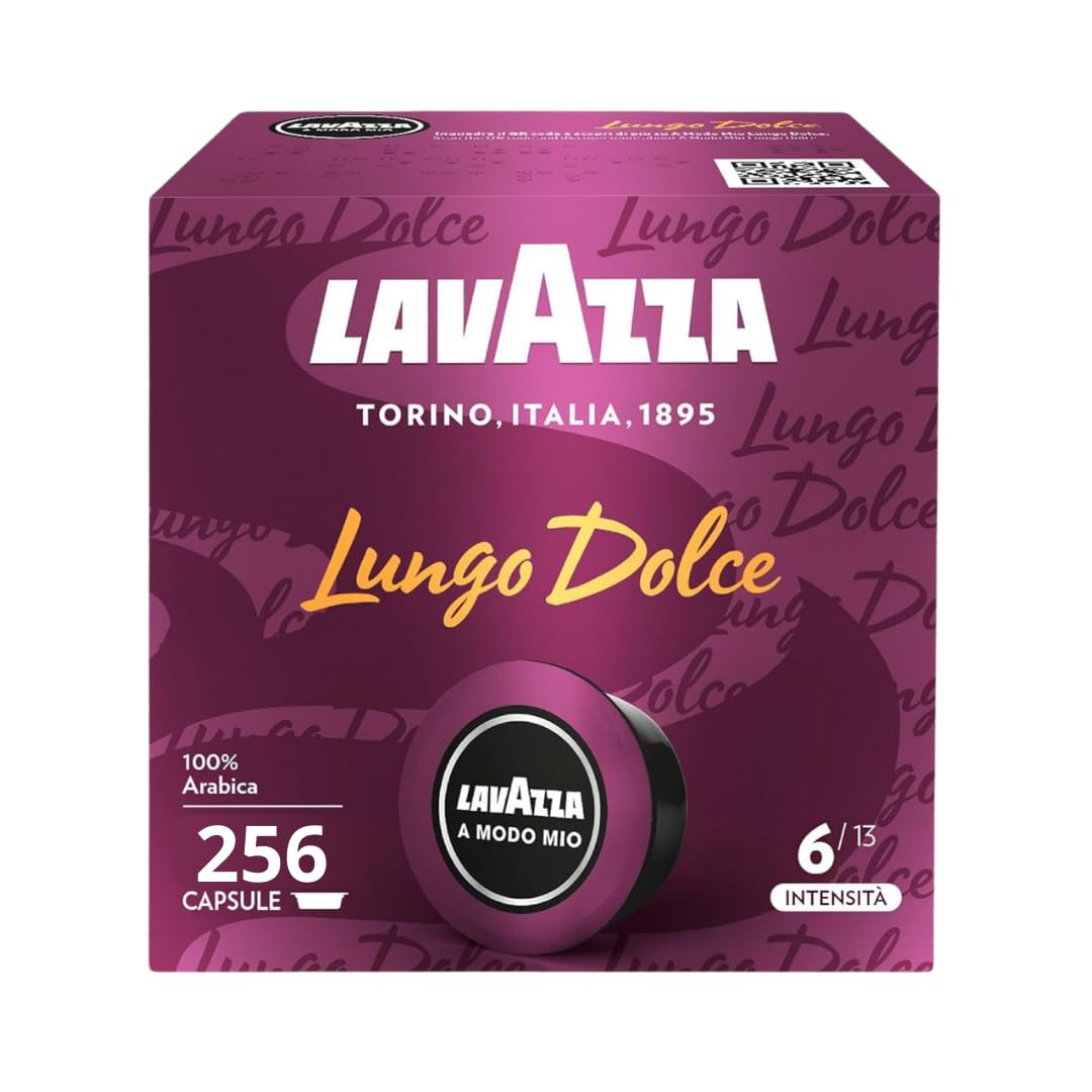 Lavazza A Modo Mio Lungo Dolce, 256 Kaffeekapseln, für einen Espresso mit aromatischen Noten von getrockneten Früchten und Blumen, 100% Arabica, Intensität 6/13, mittlere Röstung, 16 Packungen mit je