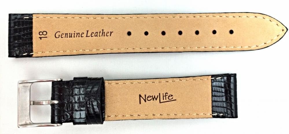 NewLife 18mm Black Leather Watchband | Tail Lizard Grain, Lightly Padded Replacement Watchstrap that brings to Any Watch (Mens Standard Length)