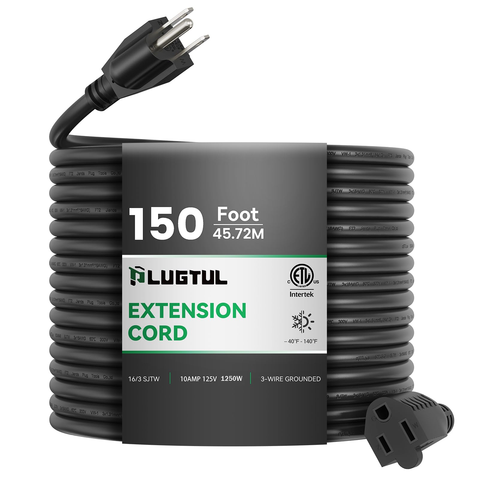 Cable de extensión para exteriores de 150 pies, impermeable, 16/3 negro, resistente cable de extensión de 3 puntas, 10A 1250W SJTW, listado ETL, ideal para jardín y hogar