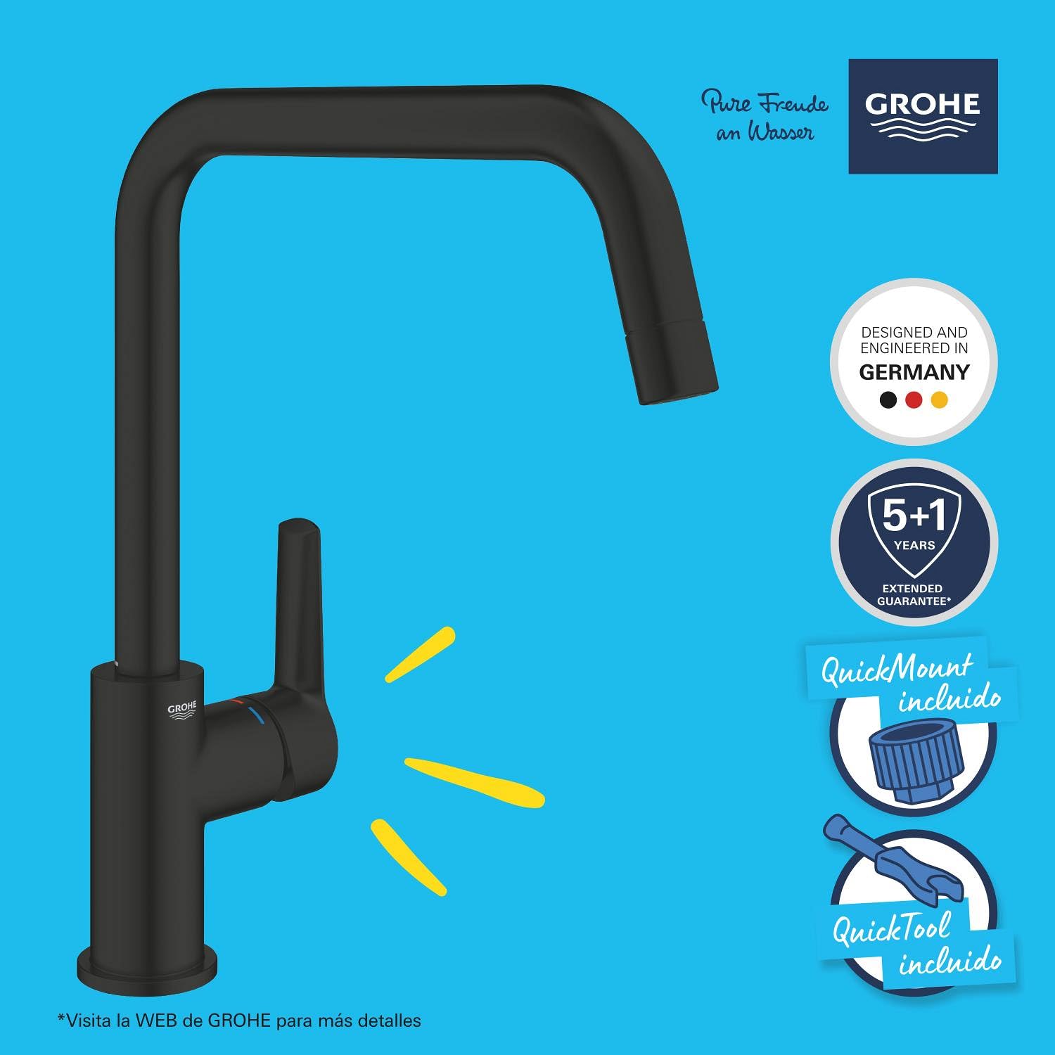 GROHE Start Monomando de fregadero 1/2" QuickFix (Montaje monomando giratorio 150°, caño alto), Negro mate 304702430