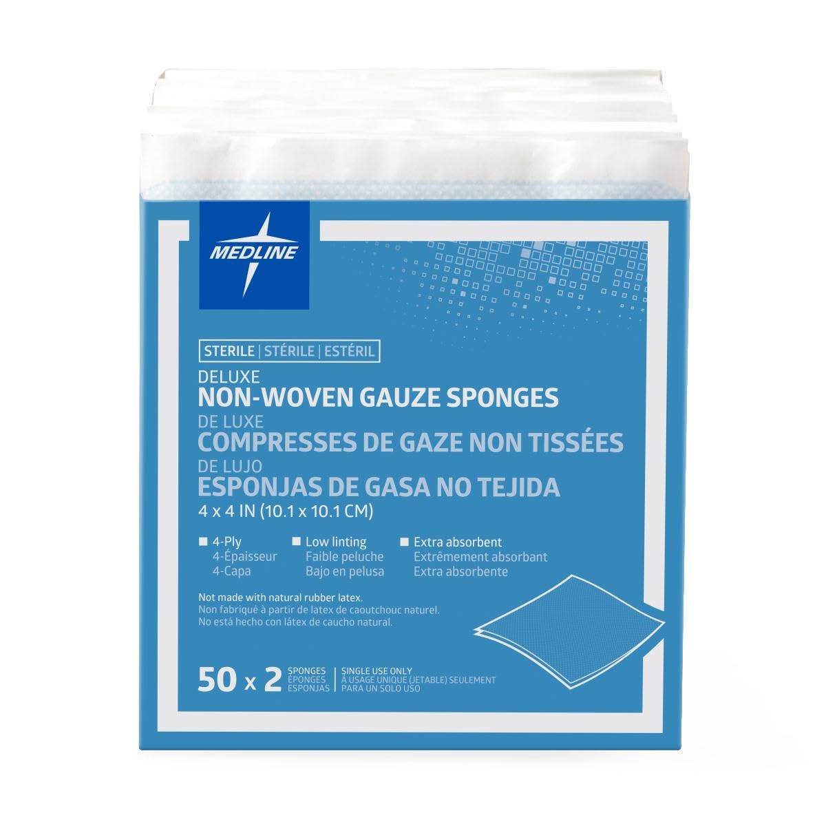 Deluxe 4-Ply Sterile Nonwoven Gauze Sponge, 4" x 4", 2/Pack