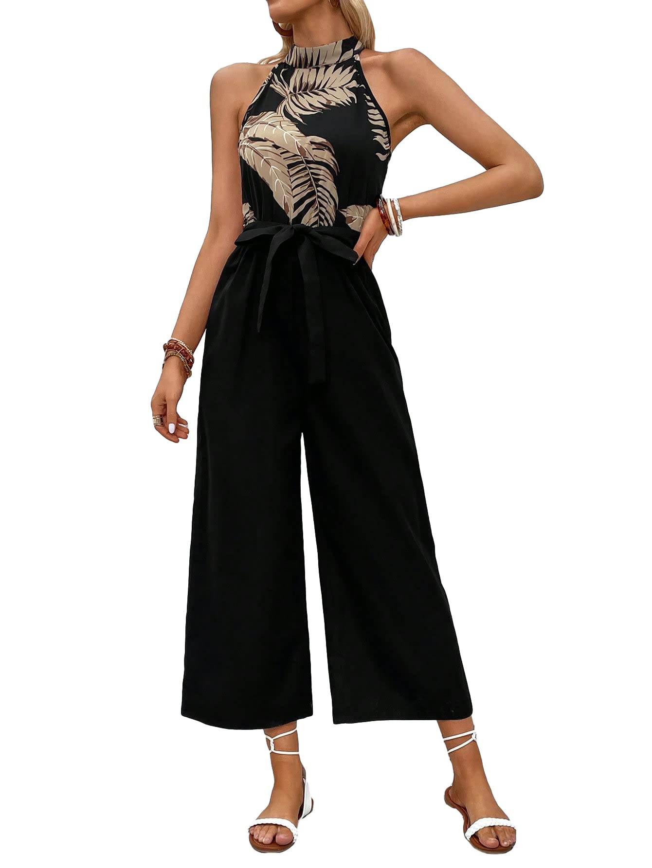 (Size S) WDIRARA Women's Allover Print Colors-Block Boho Sleeveless Halter Neck Jumpsuit Rompers Black Tropical S