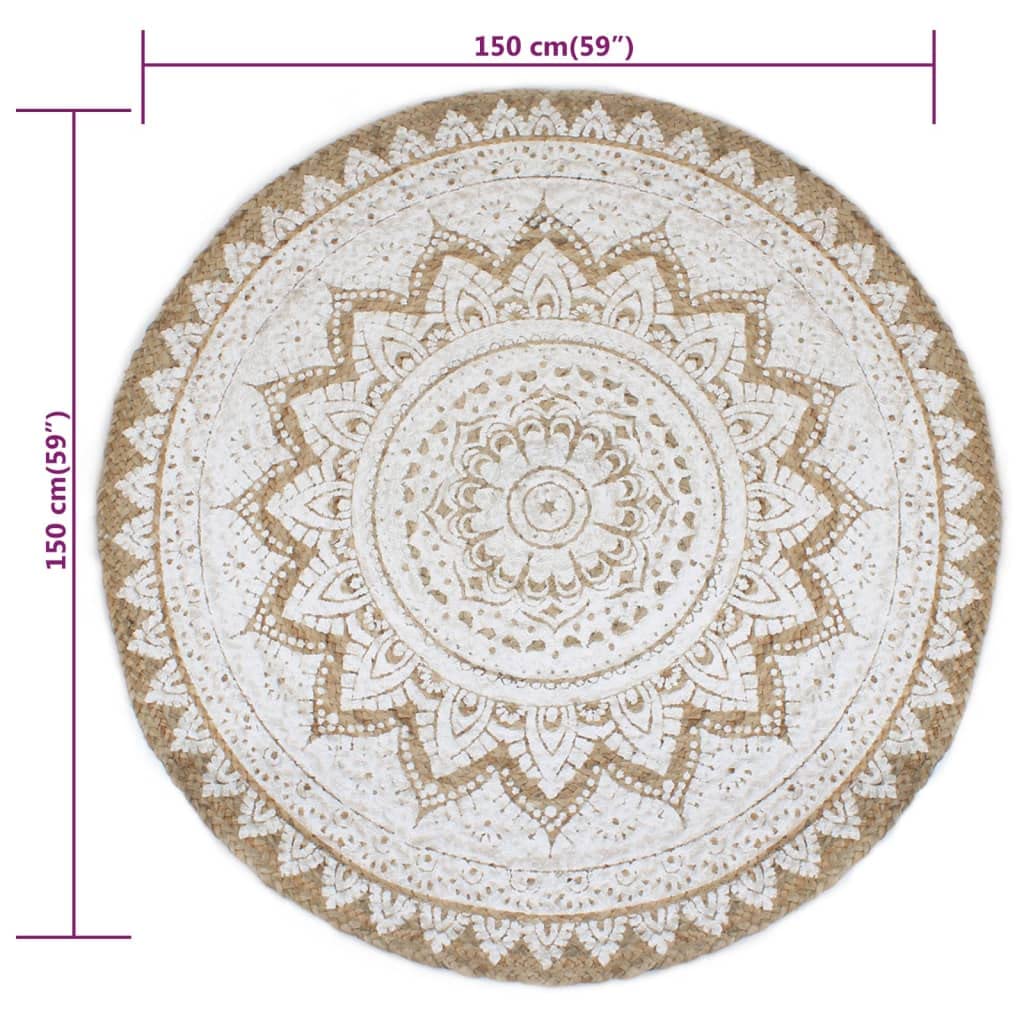 Jute Teppich Geflochten Rund 150 cm, Handgefertigt mit Mandala-Druck, Strapazierfähig für Wohnzimmer, Schlafzimmer, Flur, Natürlicher Bodenteppich