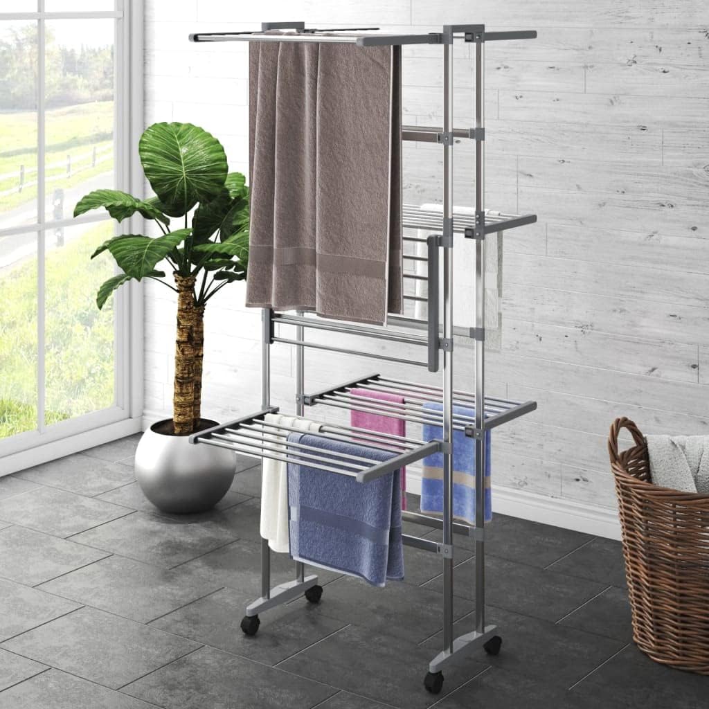3-Tier Foldable Laundry Drying Rack with Wheels, Portable Aluminum Clothes Dryer Stand for Indoor Home Laundry Organization, 23.6x27.6x50.8 Inches