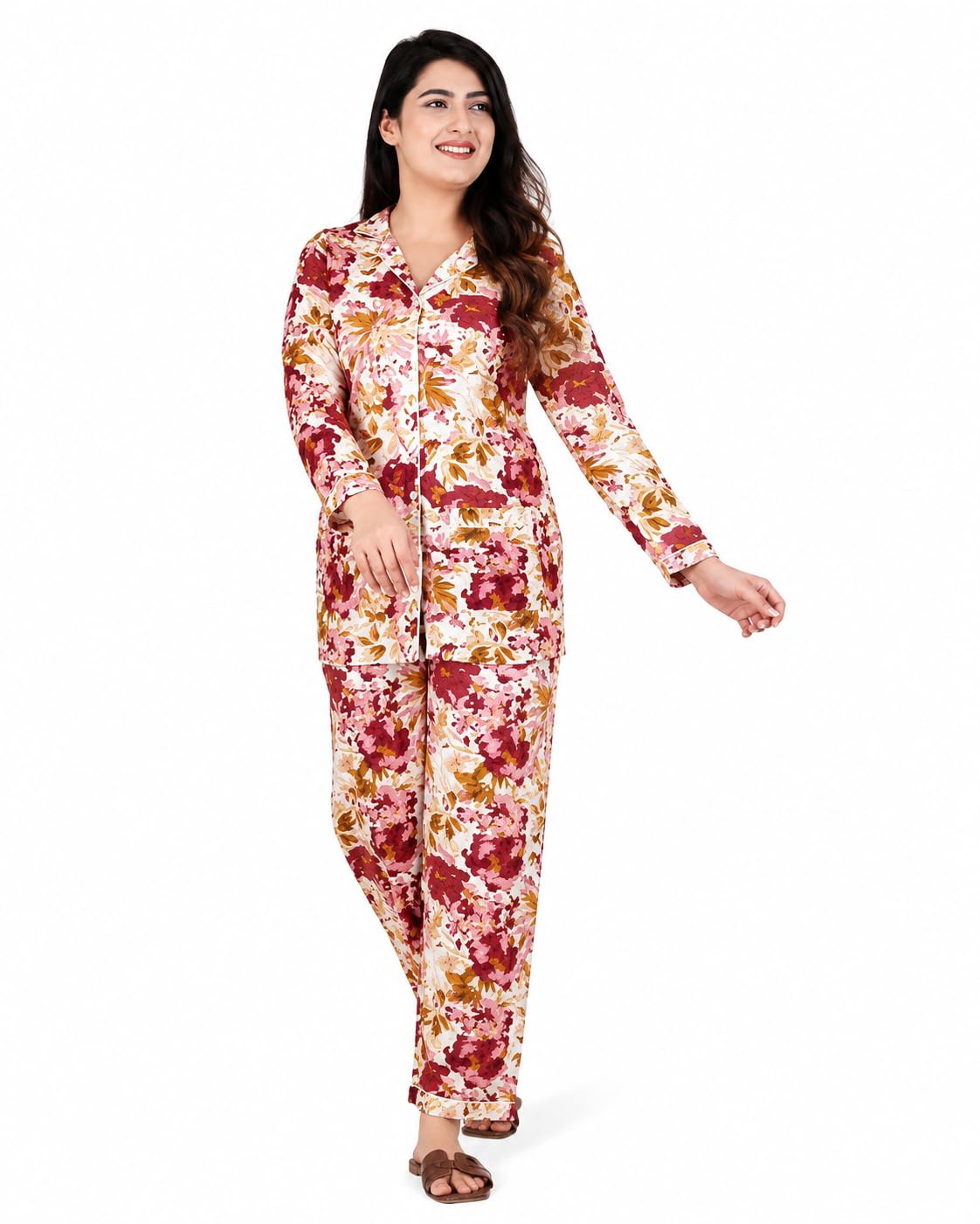 Women Women Soft Viscose Rayon Floral Printed Kurti Lounge Co-Ord Night Suit Set | Breathable Lightweight Fabric | Relaxed Fit Shirt Top with Palazzo Pants |-image-9