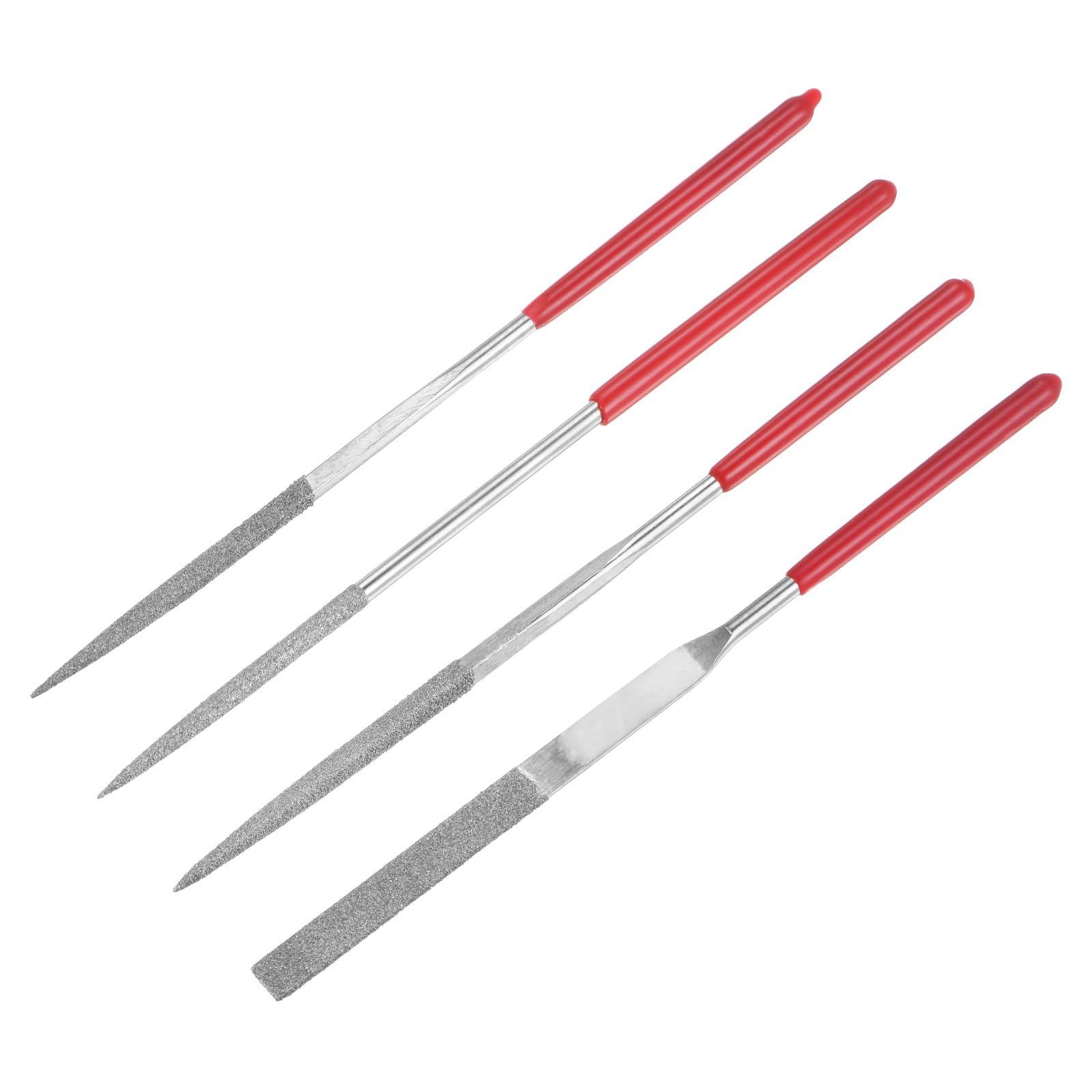 QUARKZMAN Juego de 4 Limas de Aguja de Diamante Miniatura, 120 Granos, Limas de Metal Pequeñas, Redondas, Planas, Triangulares y Cuadradas, Herramientas Manuales para Vidrio
