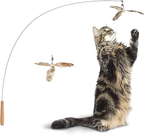 FUKUMARU Juguete de varita para gatos de alambre de acero de 355 pulgadas con campana juguete para gatos de interior con plumas naturales mango de