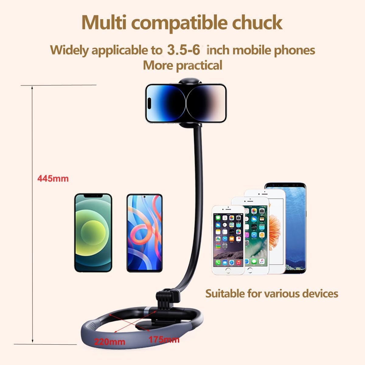 Cell Phone Stand, Neck Phone Holder, Hand Free Flexible Gooseneck 360° Rotation Adjustable Phone Holder for Bed, Universal Multi-Functional Phone Stand for 4.7''-6.7'' Phone - Image 5