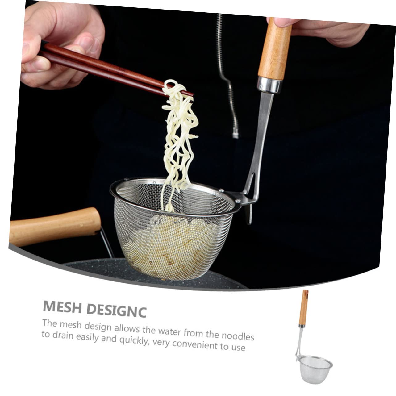 Colador de Fideos con Mango de Madera Colador Multiusos de Acero Inoxidable Resistente y Ligero para Cocina Filtro de Alimentos Seguro y Práctico para Pasta y Verduras