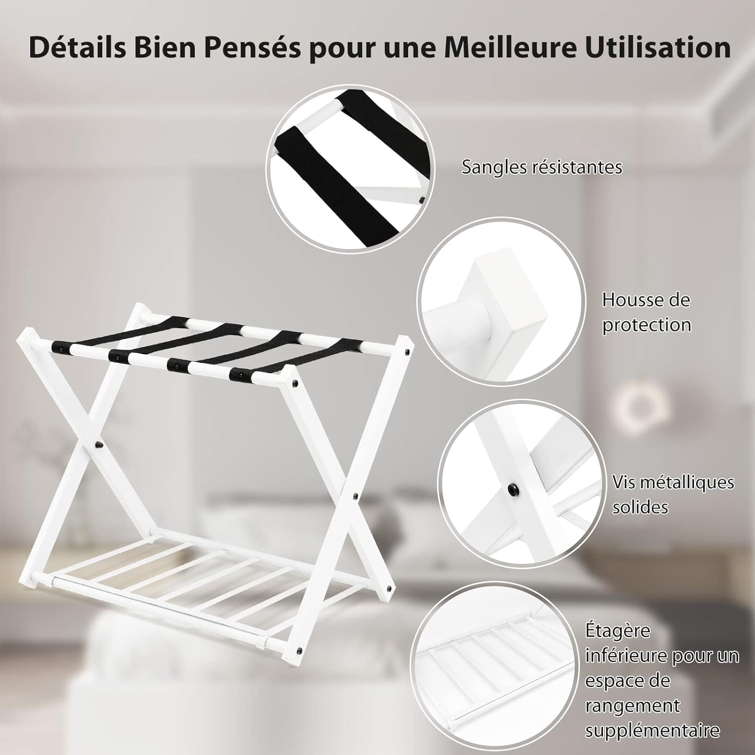 GOPLUS Support de Bagage Pliant en Métal avec 4 Sangles Durables pour Déposer Sacs de Voyages Valises Bagages Chaussures, pour Hôtels, Chambres, Auberges, Gîtes, Capacité de Charge 60KG (2, Blanc)