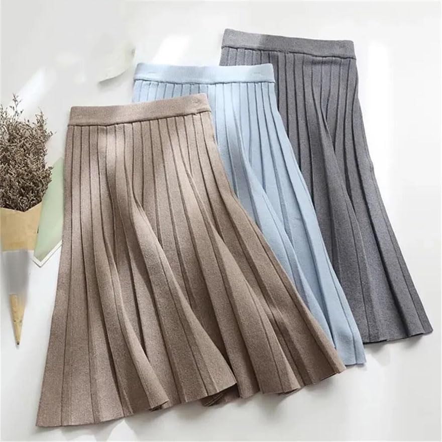 Women Knit Midi A-Line Skirt Solid High Waist Slight Strech Pleated Fall Winter Casual Knit Skirts2