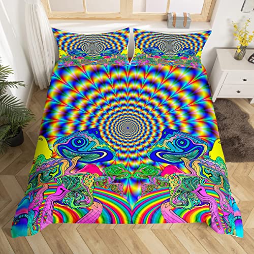 Psychedelic Duvet Cover Yellow Blue Trippy Bedding Set for Men Adult,Glowing Exotic Mushroom Cool Indie Goth Neon Comforter Cover Psychedelic Room Decor Queen Bed Set,Scary Trippy Room Decor