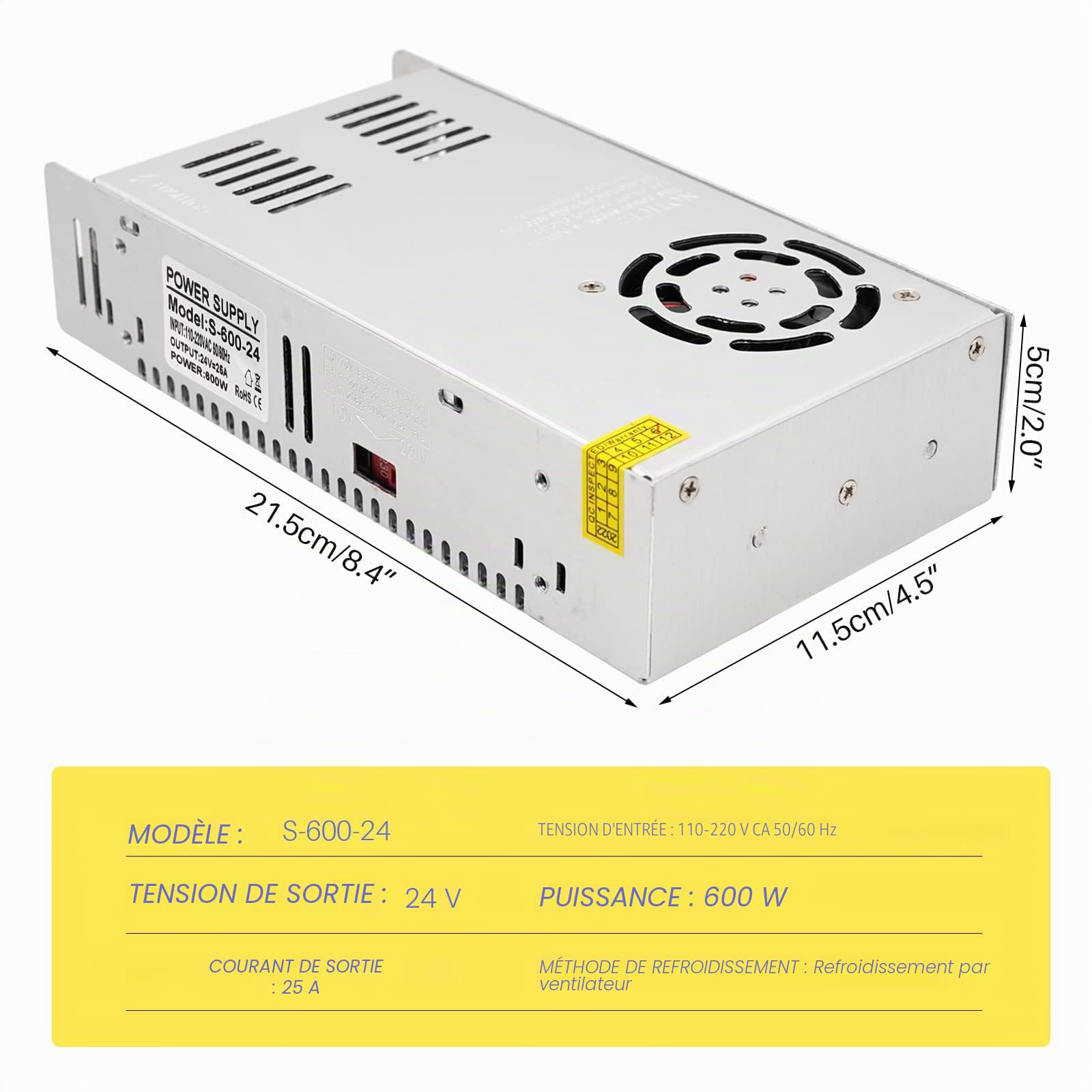 Alimentation universelle 24V 25A 600W DC régulée Driver LED AC-DC Convertisseur