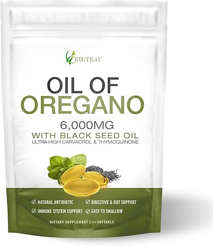 Aceite de orégano con aceite de semilla negra, cápsulas de aceite de orégano de 6000 mg, sin OMG, sin gluten, antioxidante y apoyo inmunológico (1)