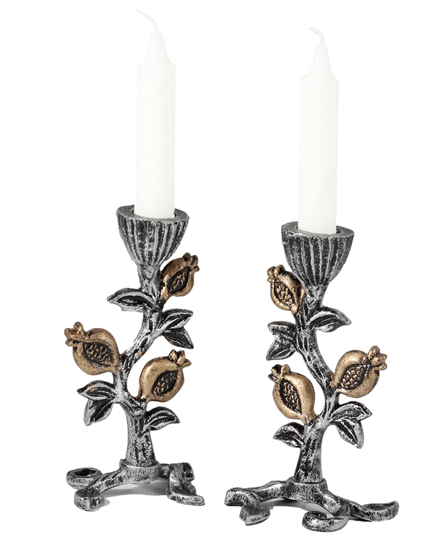Zion Judaica Artistic Candlestick Set Antique Looking Candle Holder with Pomegranates Silver and Gold