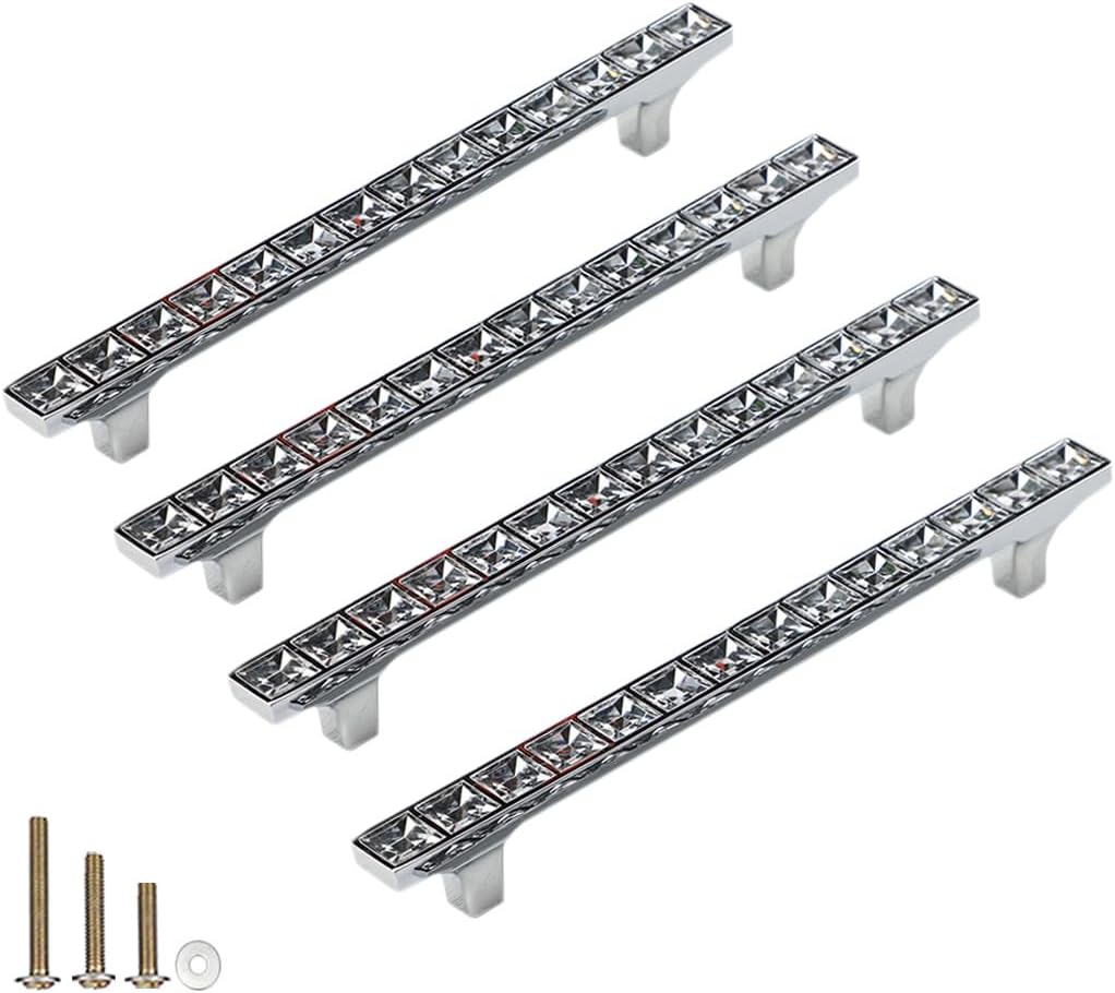 4 Pack Crystal Glass Rhinestone Cabinet Pulls Knobs Handles,Modern Decorated Shiny Dresser Drawer Konbs Pulls Handles for Cupboard Wardrobe Dresser Doors (4 Pack, 5" Hole Centers)