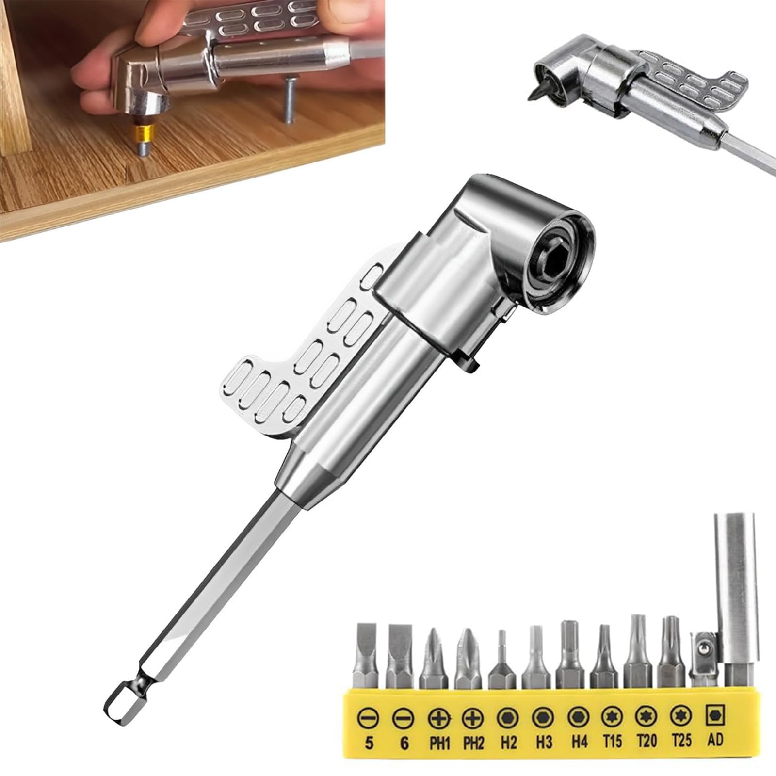 105 Degree Right Angle Drill Adapter, Corner Tool Screw Hub with Multi-Function Bend Screwdriver Bit, Extension Power Screwdriver Drill Attachment for Screwdriver Drill (Long)