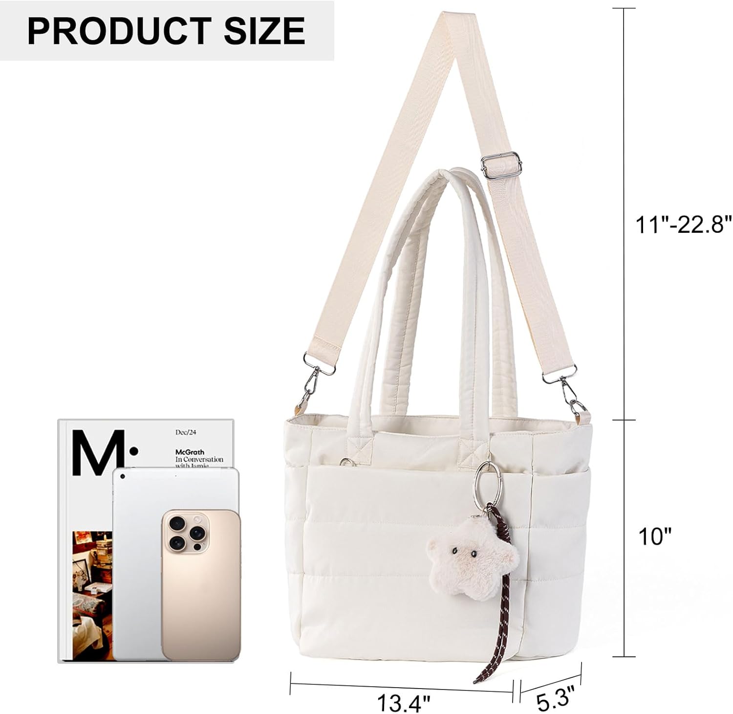 Puffer Tote Bag for Women: Lightweight Quilted Bag with Plush Star Charm, Adjustable Strap for Work & Travel