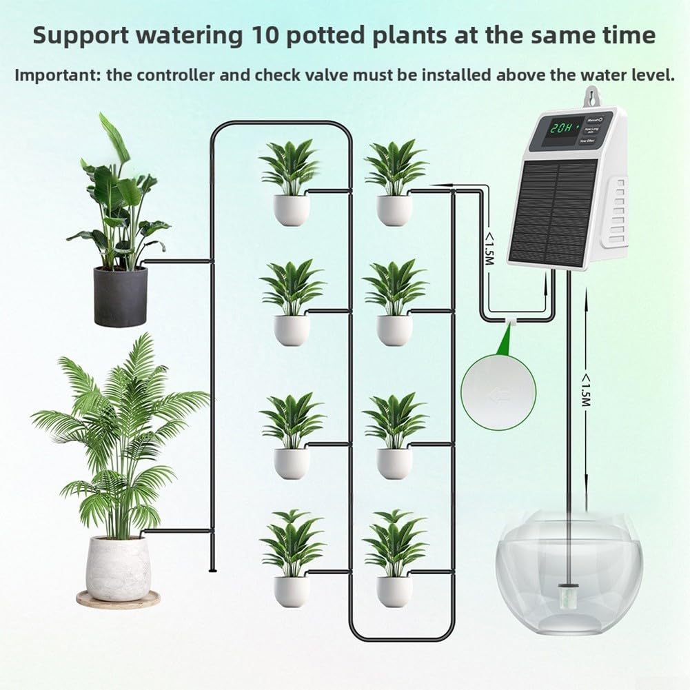 Sistema di irrigazione automatico con ricarica solare, timer USB-C per piante, 2200 mAh per batteria, impermeabile IPX5, frequenza e durata regolabili, per 10-15 vasi, per interni ed esterni, giardino