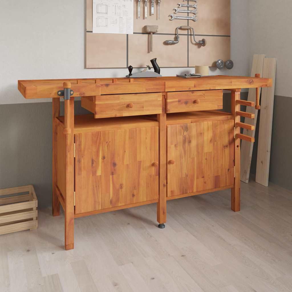 Banco da lavoro in legno di acacia massiccio con cassetti e viti da 162 x 62 x 83 cm, piano di lavoro stabile, per officina, garage, sala hobby, con molto spazio e porta attrezzi