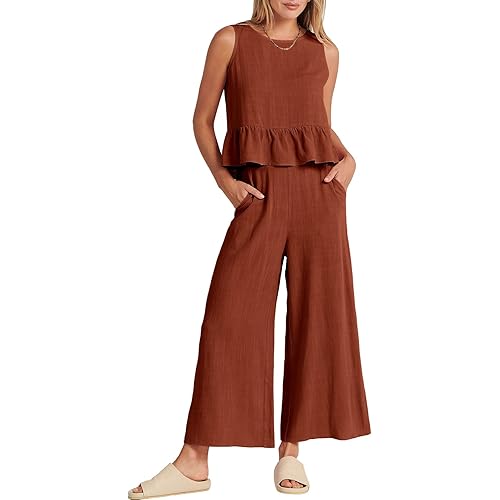 ANRABESS Women Summer 2 Piece Outfits Sleeveless Tank Crop Top Wide Leg Pants Linen Jumpsuits Lounge Matching Beach Sets
