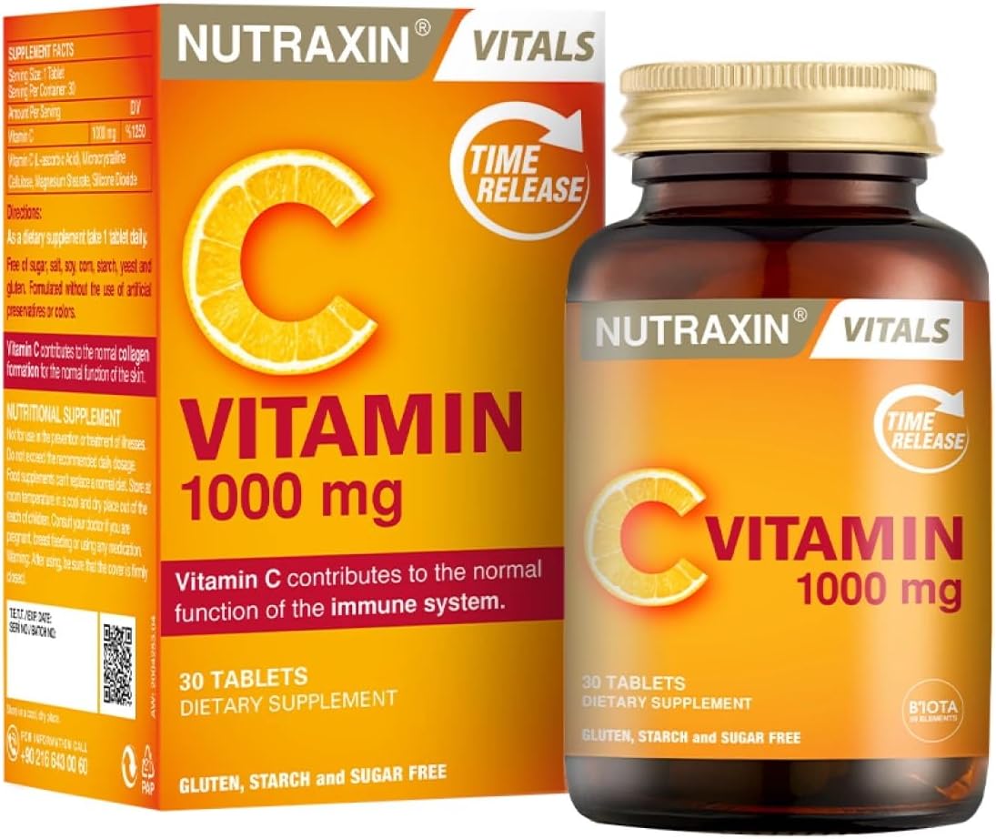 Nutraxin Vitamin C Tablets, 1000mg – Time-Release Formula for Immune Support with Rosa Canina & Citrus Bioflavonoids – Non-GMO, Gluten-Free, No Additives – 30 Tablets for Daily Health & Wellness