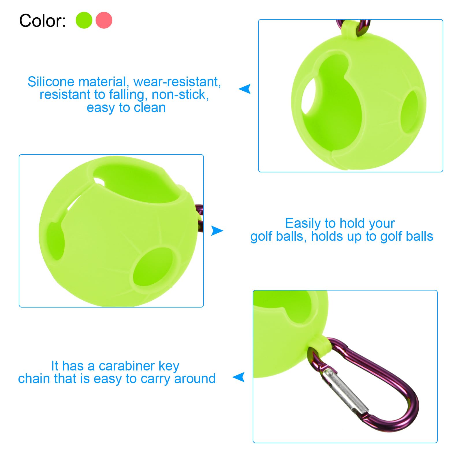 PATIKIL Golf Ball Holder, 2 Pack Silicone Balls Carrier Protective Portable Sleeve with Buckle for Golf Bag Belt Pink, Green - Image 3