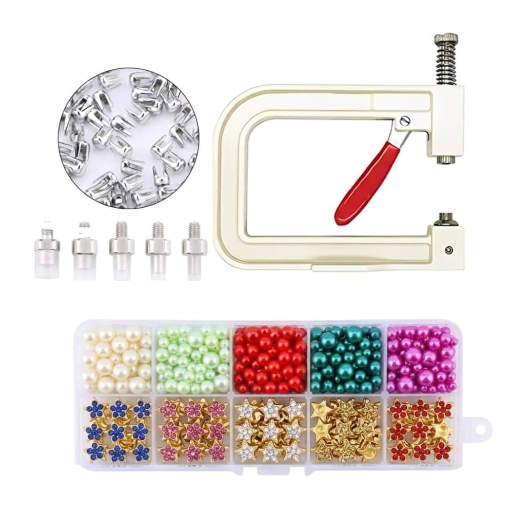 Cartell Pearl Setting Machine Kit with 10 Color Pearl Beads,Star Studs & Revied | Manual Fabric Press Tool for Saree, Dress, Embroidery & Craft Work | Hand Press Pearl Fixing Tool with Accessories-image-1