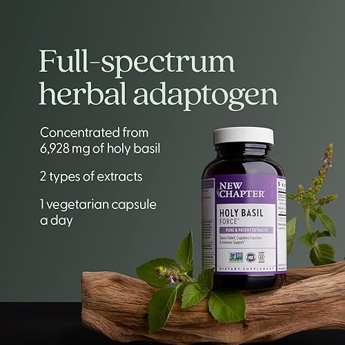 Vista 4 de New Chapter Suplemento para aliviar el estrés – Fuerza de albahaca sagrada supercrítica con albahaca sagrada supercrítica para apoyo del estrés +