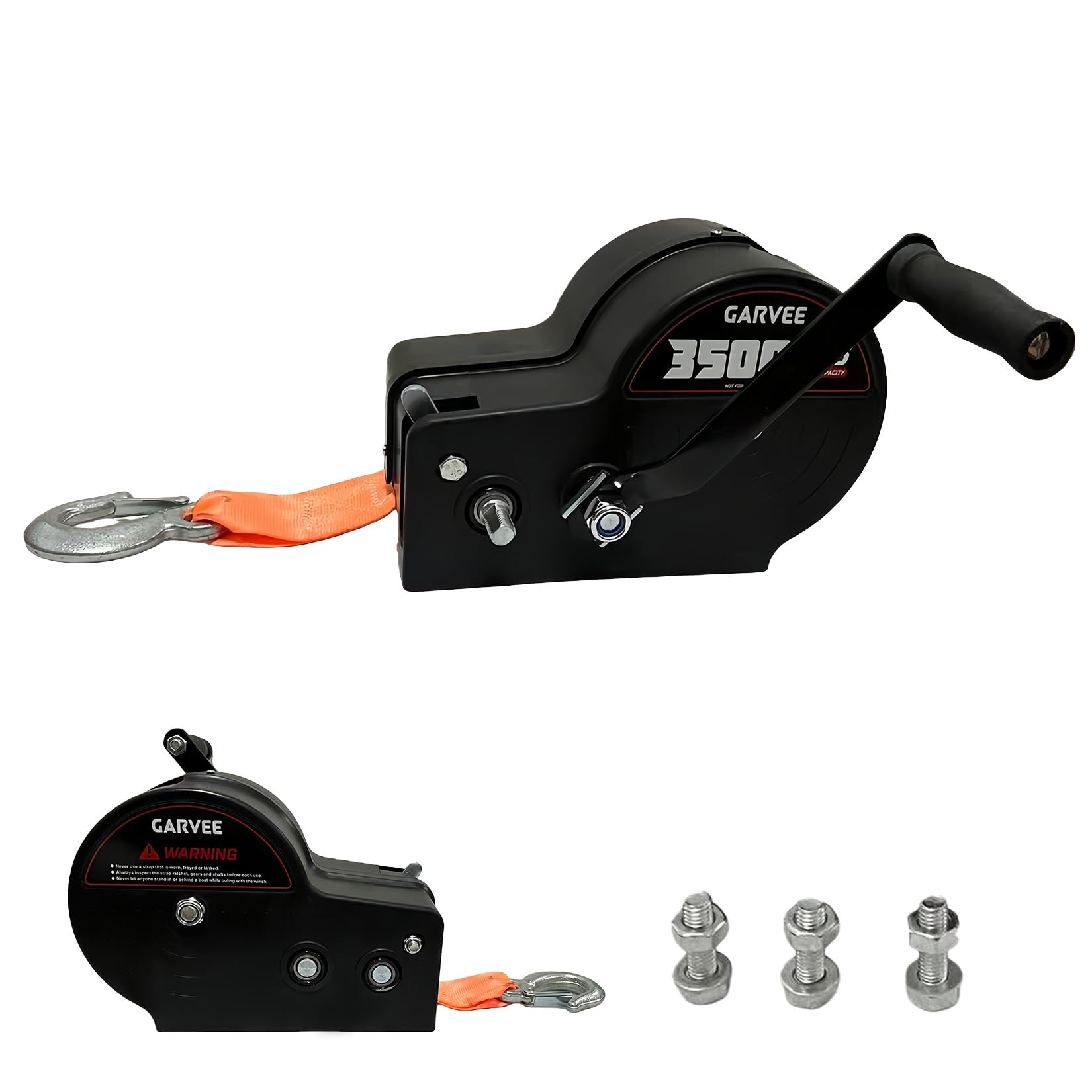 Garvee 1588kg Handseilwinde mit Vollschutzabdeckung, Orange | 10x5cm verstärktes Gurtband – Wärmebehandelte Welle – 2-Gang-Getriebe (4:1/8:1) – Für Anhänger, Boot, ATV, LKW, Offroad