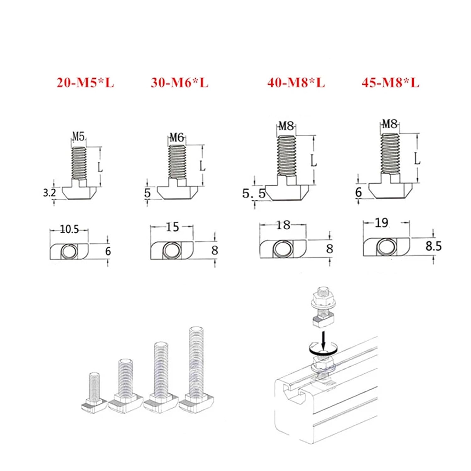M5 M6 M8 T Hammer Head Bolt Connector Bolts Screws for 20/30/40/45 Profile T-Slot Screw for T Track(45-M8x40 (5pcs))